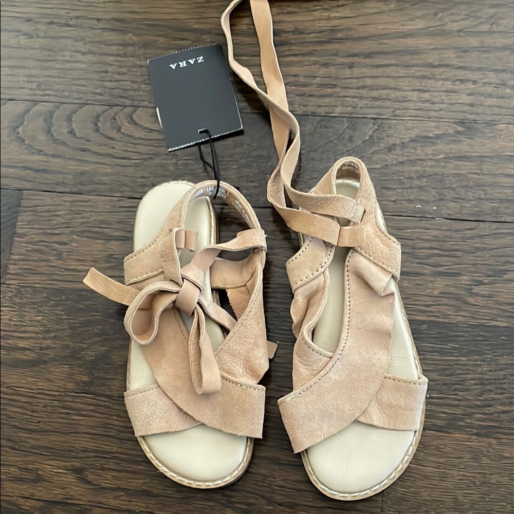 Zara Tan Suede Lace-Up Sandals